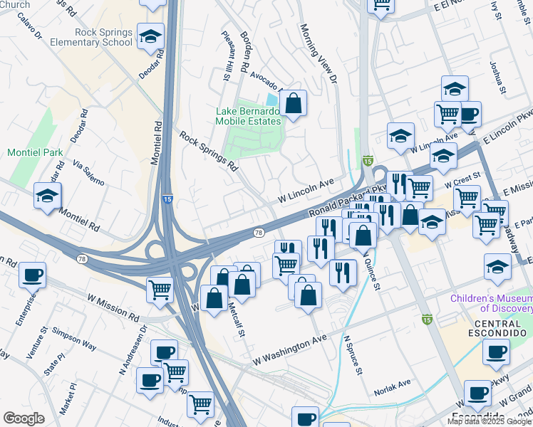 map of restaurants, bars, coffee shops, grocery stores, and more near 917 West Lincoln Avenue in Escondido