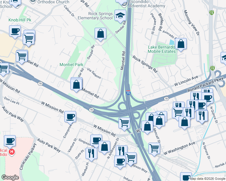 map of restaurants, bars, coffee shops, grocery stores, and more near 789 Trunorth Circle in Escondido