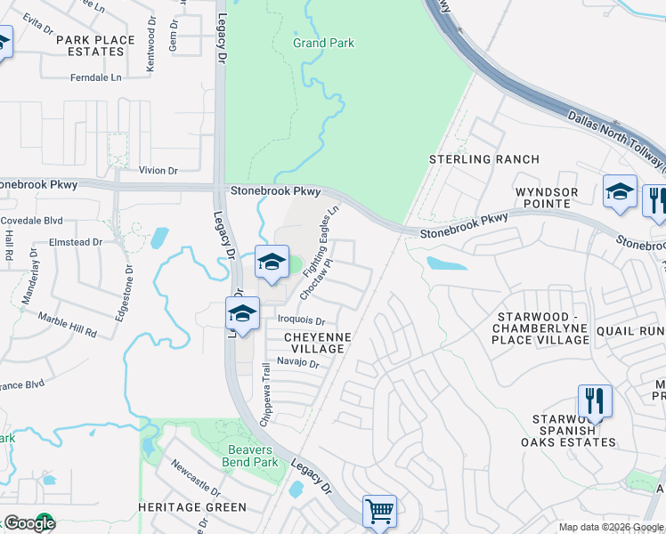 map of restaurants, bars, coffee shops, grocery stores, and more near 5246 Shoshone Drive in Frisco