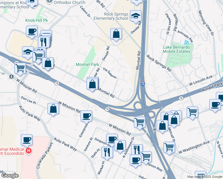 map of restaurants, bars, coffee shops, grocery stores, and more near 1499 Corte Rapallo in Escondido