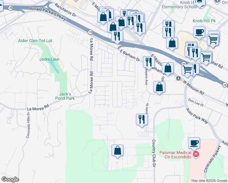 map of restaurants, bars, coffee shops, grocery stores, and more near 1195 La Moree Road in San Marcos