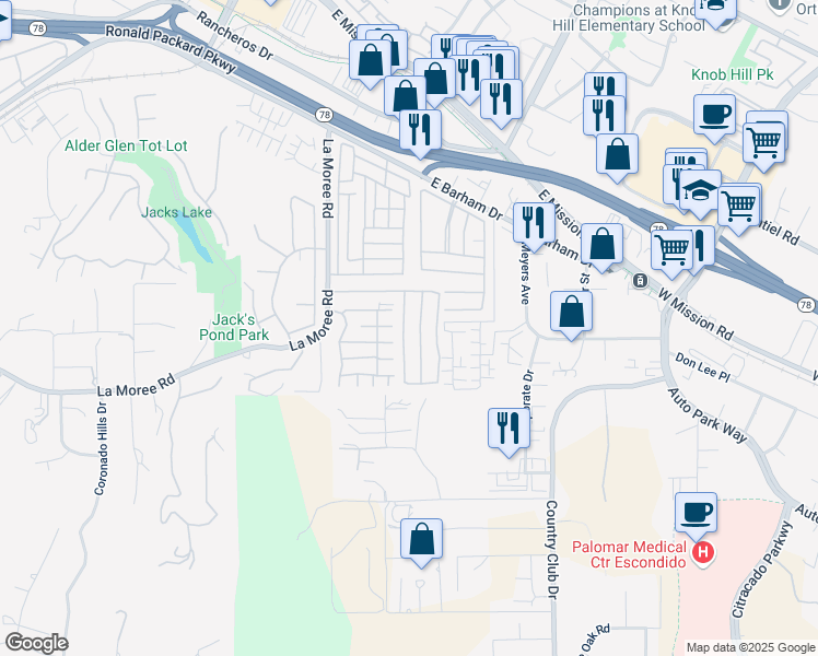 map of restaurants, bars, coffee shops, grocery stores, and more near 1195 La Moree Road in San Marcos