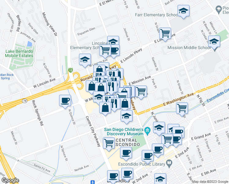 map of restaurants, bars, coffee shops, grocery stores, and more near 201 West Mission Avenue in Escondido