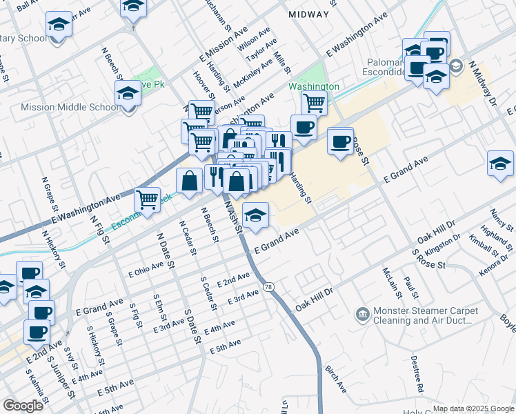 map of restaurants, bars, coffee shops, grocery stores, and more near 1260 East Ohio Avenue in Escondido