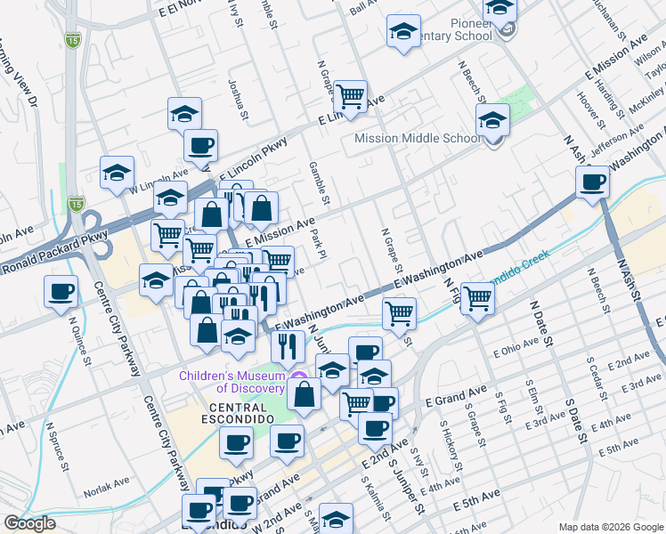 map of restaurants, bars, coffee shops, grocery stores, and more near 345 East Park Avenue in Escondido