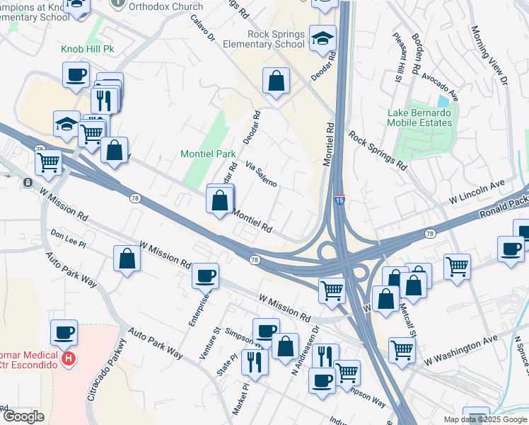 map of restaurants, bars, coffee shops, grocery stores, and more near 1499 Corte Rapallo in Escondido
