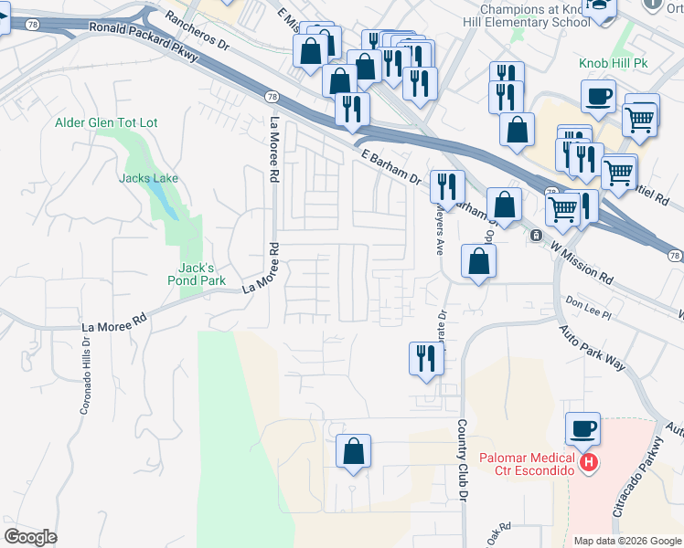 map of restaurants, bars, coffee shops, grocery stores, and more near 1195 La Moree Road in San Marcos