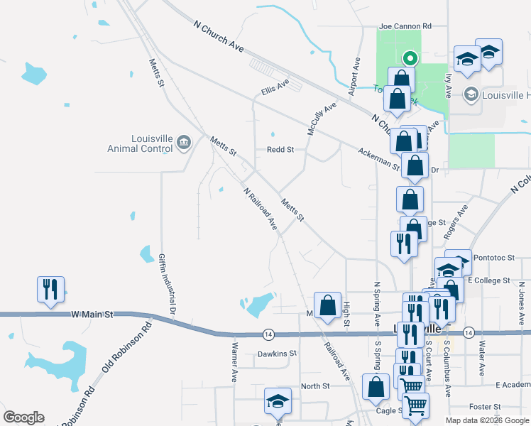 map of restaurants, bars, coffee shops, grocery stores, and more near 401-429 North Railroad Avenue in Louisville