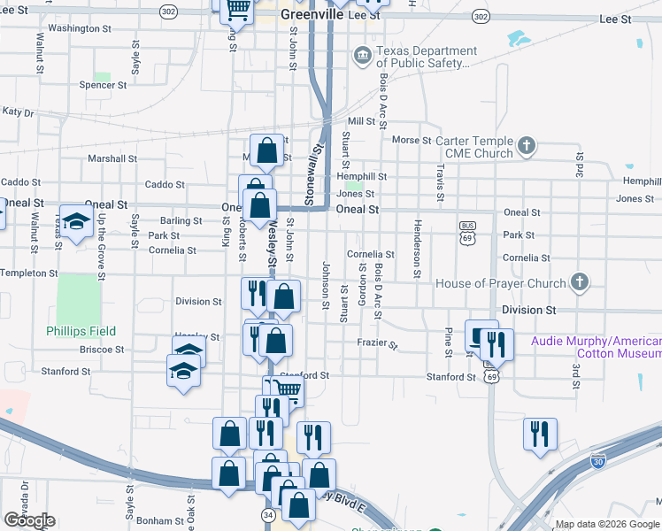 map of restaurants, bars, coffee shops, grocery stores, and more near 3909 Johnson Street in Greenville