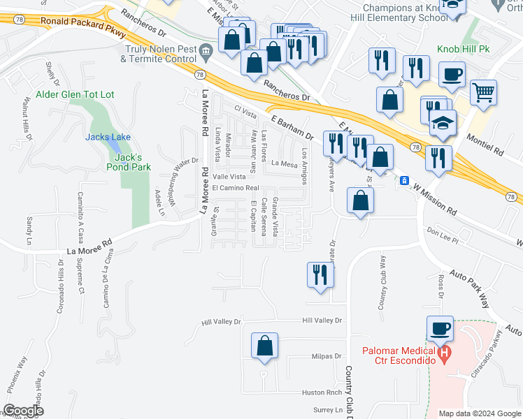 map of restaurants, bars, coffee shops, grocery stores, and more near 1195 La Moree Road in San Marcos