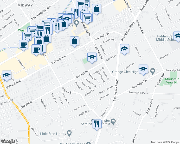 map of restaurants, bars, coffee shops, grocery stores, and more near 506 Nancy Street in Escondido