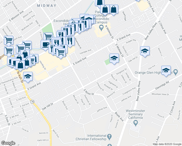 map of restaurants, bars, coffee shops, grocery stores, and more near 1712 Weathervane Place in Escondido