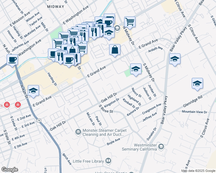 map of restaurants, bars, coffee shops, grocery stores, and more near 1712 Weathervane Place in Escondido