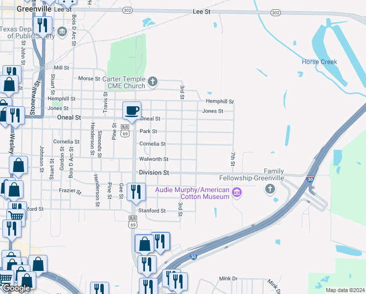 map of restaurants, bars, coffee shops, grocery stores, and more near 1127 Cornelia Street in Greenville