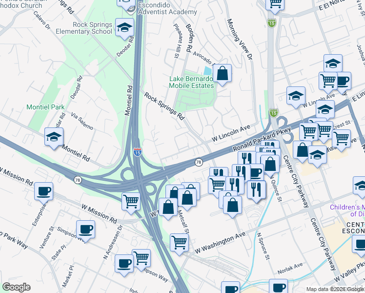 map of restaurants, bars, coffee shops, grocery stores, and more near 965 West Lincoln Avenue in Escondido