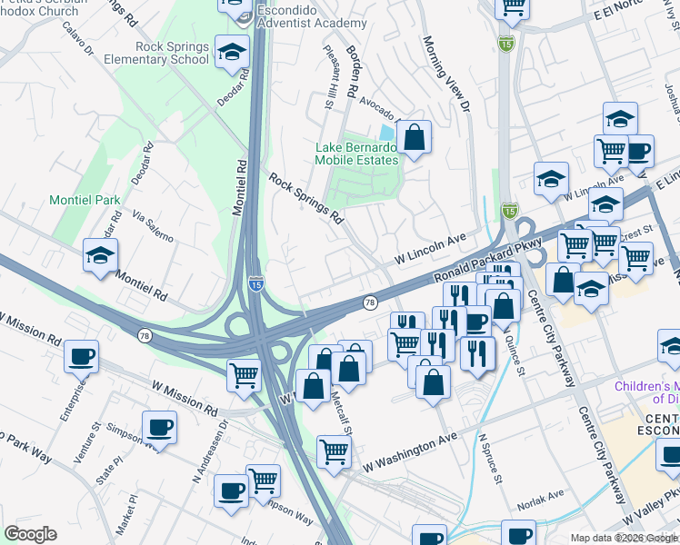 map of restaurants, bars, coffee shops, grocery stores, and more near 965 West Lincoln Avenue in Escondido