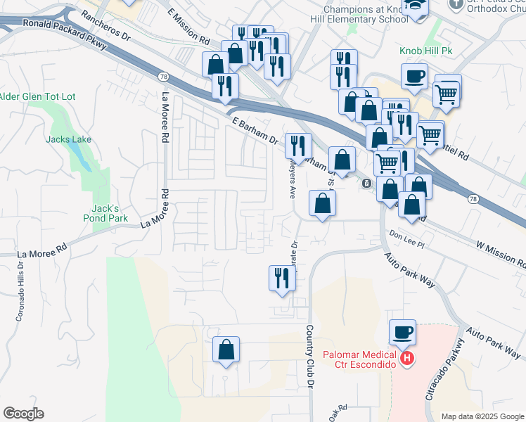 map of restaurants, bars, coffee shops, grocery stores, and more near 1223 Barham Drive in San Marcos