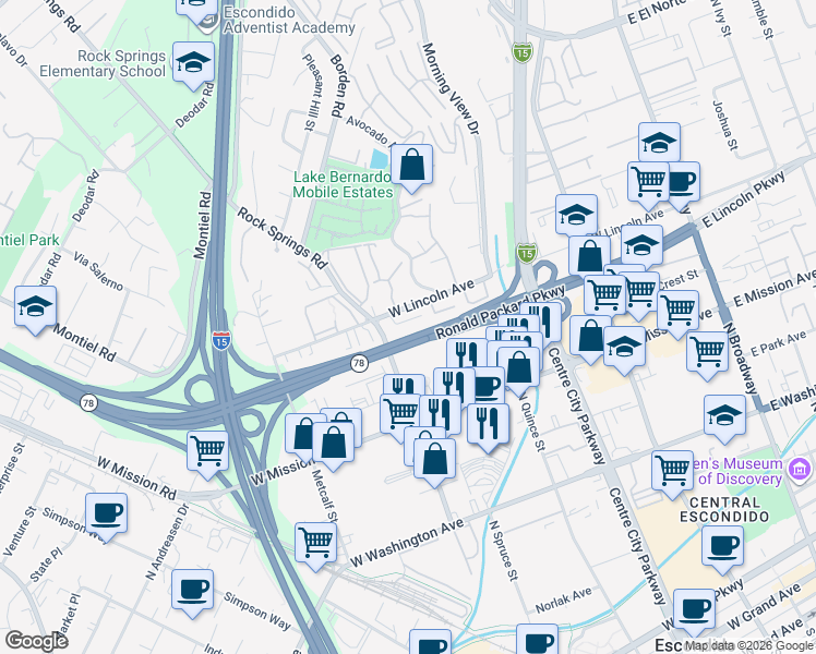 map of restaurants, bars, coffee shops, grocery stores, and more near 830 Dan Way in Escondido
