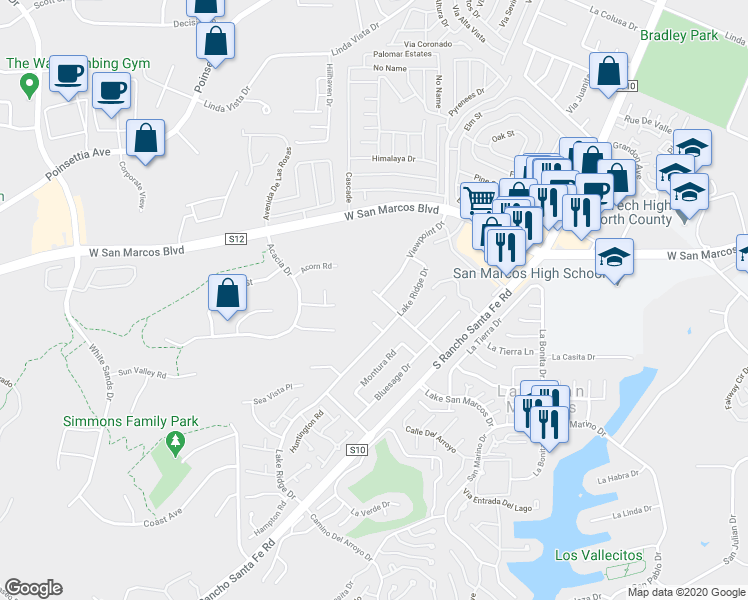 map of restaurants, bars, coffee shops, grocery stores, and more near 1845 Lodgepole Road in San Marcos