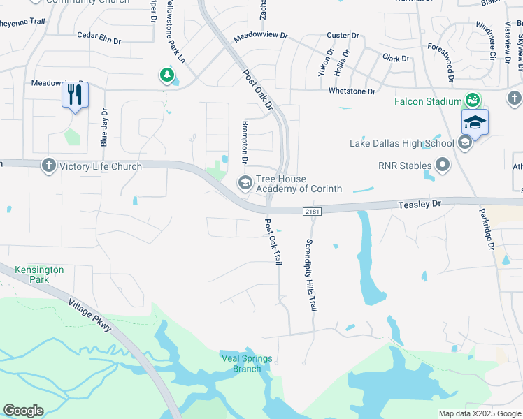 map of restaurants, bars, coffee shops, grocery stores, and more near Swisher Rd & Post Oak Dr in Corinth