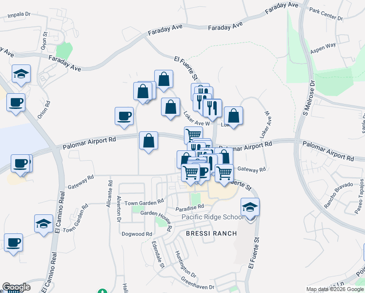 map of restaurants, bars, coffee shops, grocery stores, and more near 2785 Loker Avenue West in Carlsbad