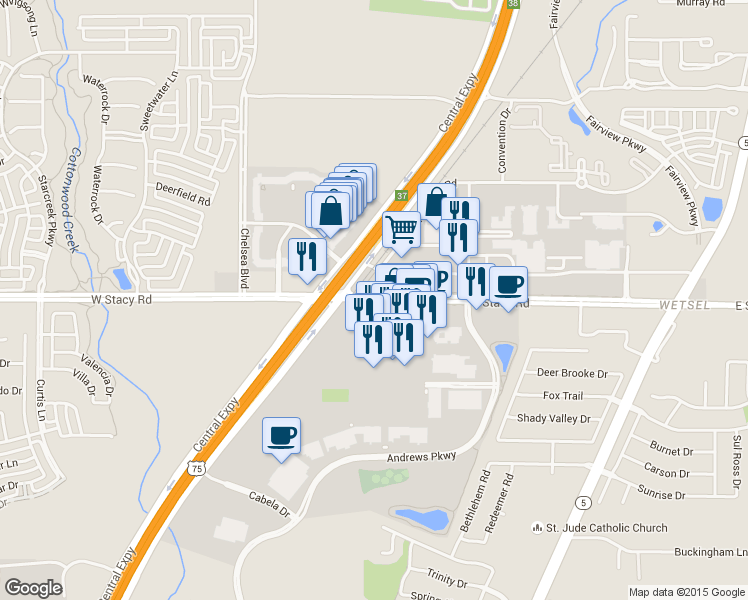 map of restaurants, bars, coffee shops, grocery stores, and more near 150 Stacy Rd in Allen