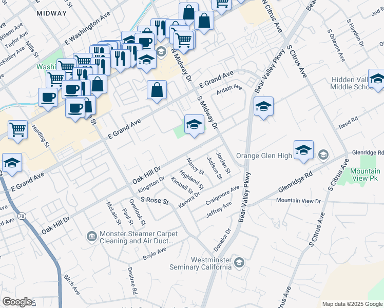 map of restaurants, bars, coffee shops, grocery stores, and more near 1823 Oak Hill Drive in Escondido