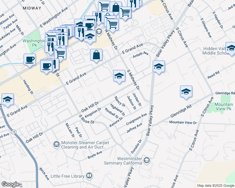 map of restaurants, bars, coffee shops, grocery stores, and more near 1823 Oak Hill Drive in Escondido