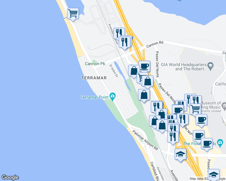 map of restaurants, bars, coffee shops, grocery stores, and more near 5335 Los Robles Drive in Carlsbad