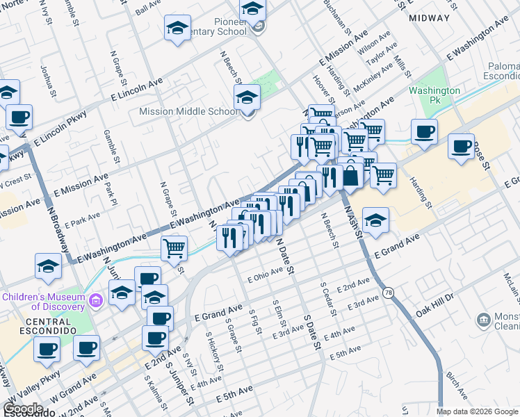 map of restaurants, bars, coffee shops, grocery stores, and more near 917 East Washington Avenue in Escondido