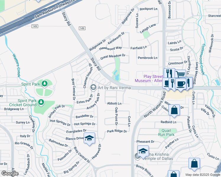 map of restaurants, bars, coffee shops, grocery stores, and more near 2142 Arches Park Court in Allen