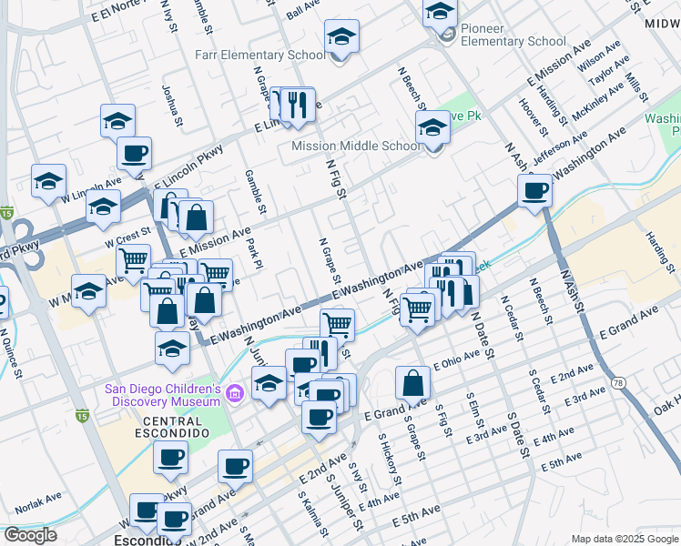 map of restaurants, bars, coffee shops, grocery stores, and more near 626 North Grape Street in Escondido