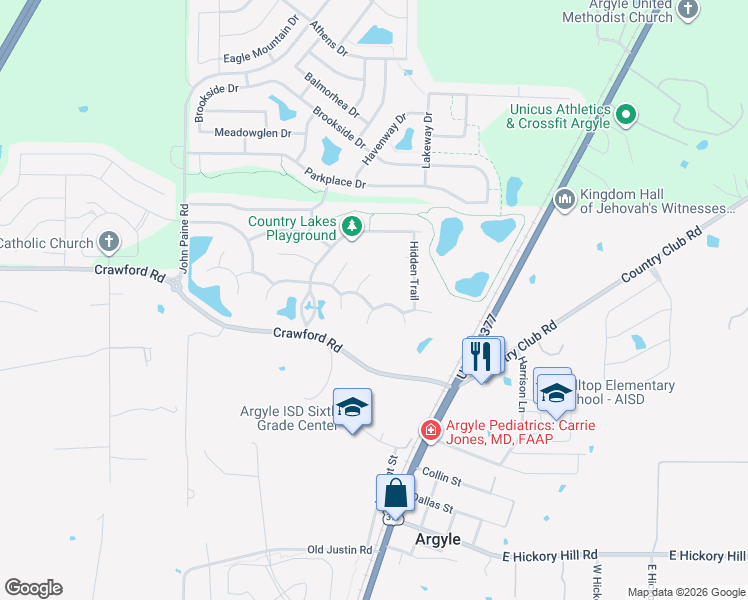 map of restaurants, bars, coffee shops, grocery stores, and more near 312 Wooded Court in Argyle