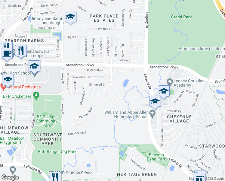 map of restaurants, bars, coffee shops, grocery stores, and more near 6281 Edgestone Drive in Frisco