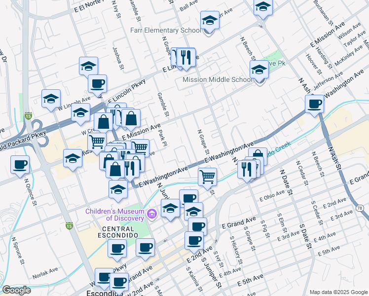 map of restaurants, bars, coffee shops, grocery stores, and more near 460 East Washington Avenue in Escondido
