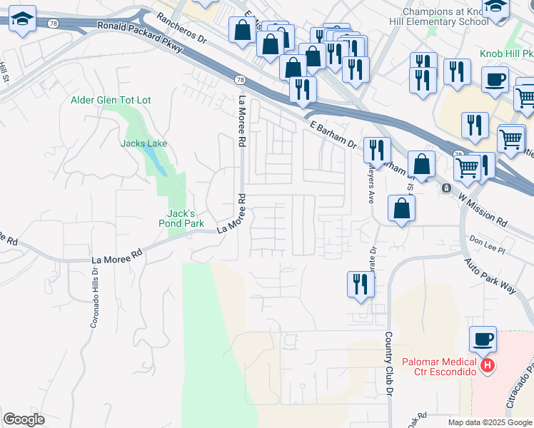 map of restaurants, bars, coffee shops, grocery stores, and more near 1175 La Moree Road in San Marcos