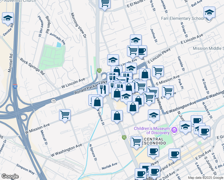 map of restaurants, bars, coffee shops, grocery stores, and more near Centre City Parkway in Escondido