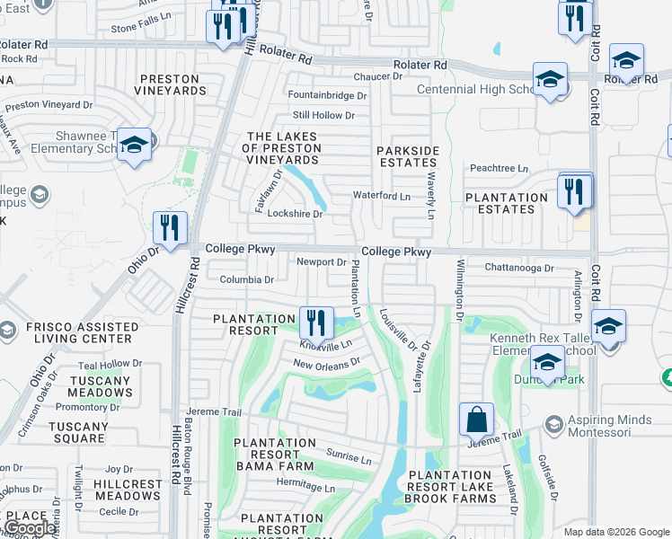 map of restaurants, bars, coffee shops, grocery stores, and more near 11312 College Parkway in Frisco