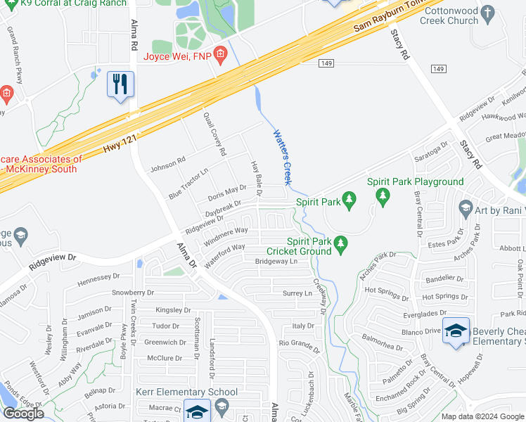 map of restaurants, bars, coffee shops, grocery stores, and more near 2008 Cartier Crossing in Allen