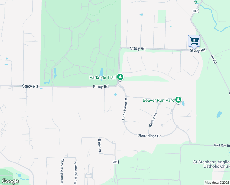 map of restaurants, bars, coffee shops, grocery stores, and more near 1520 Stacy Road in Fairview