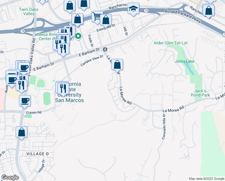 map of restaurants, bars, coffee shops, grocery stores, and more near 531 Camino Verde in San Marcos