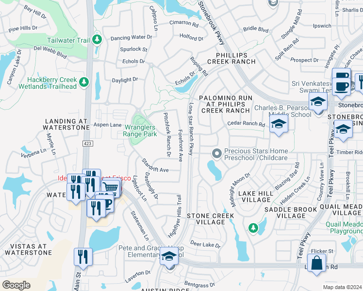 map of restaurants, bars, coffee shops, grocery stores, and more near Forefront Avenue in Frisco