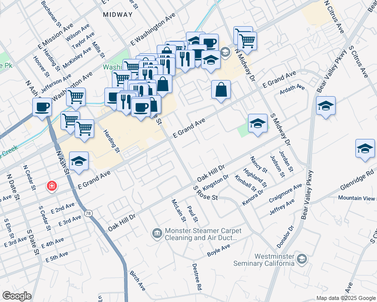 map of restaurants, bars, coffee shops, grocery stores, and more near 1625 East Grand Avenue in Escondido