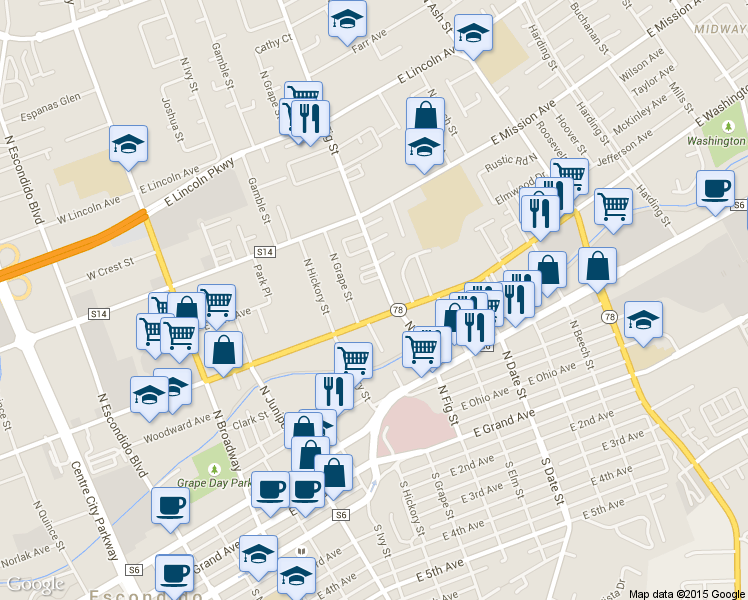map of restaurants, bars, coffee shops, grocery stores, and more near 633 North Fig Street in Escondido