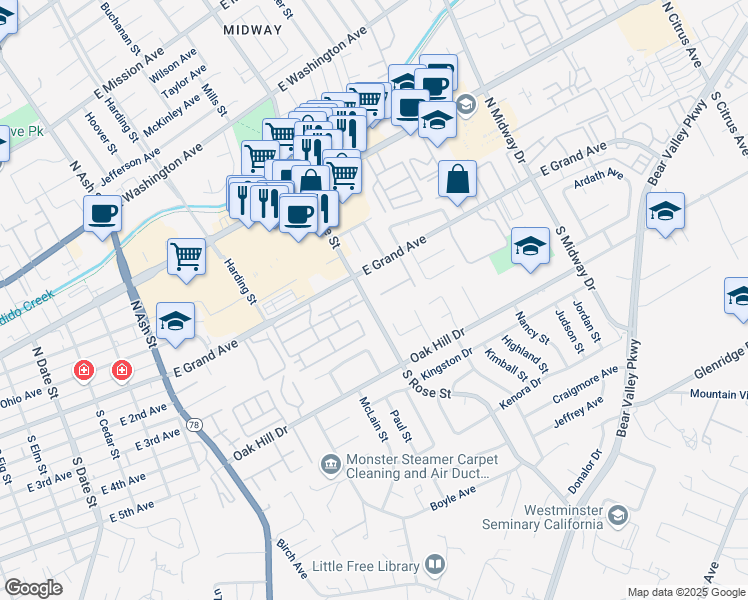 map of restaurants, bars, coffee shops, grocery stores, and more near 206 South Rose Street in Escondido