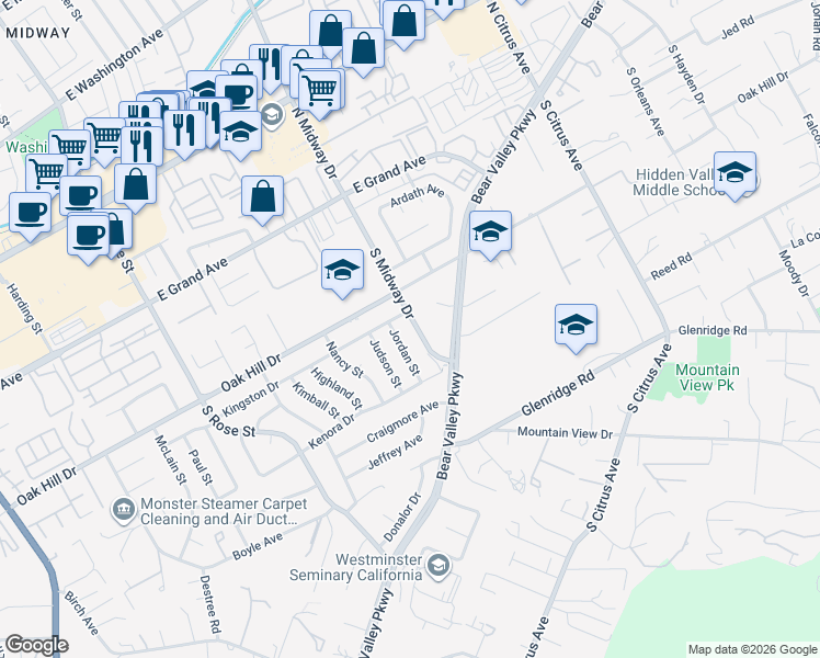 map of restaurants, bars, coffee shops, grocery stores, and more near 619 South Midway Drive in Escondido