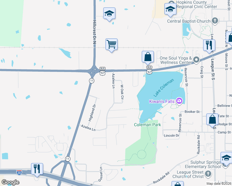 map of restaurants, bars, coffee shops, grocery stores, and more near 213 Azalea Lane in Sulphur Springs