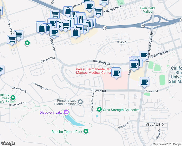 map of restaurants, bars, coffee shops, grocery stores, and more near 563 Townsend Way in San Marcos