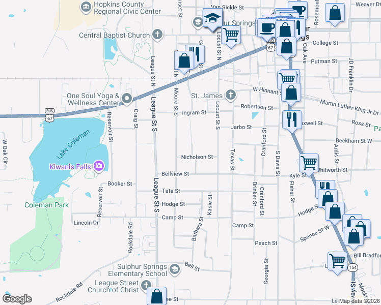 map of restaurants, bars, coffee shops, grocery stores, and more near 206 Harris Street in Sulphur Springs