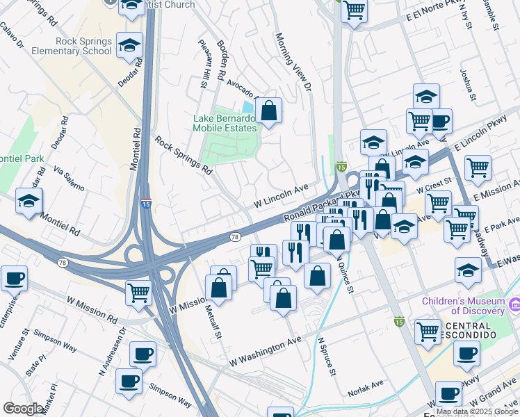 map of restaurants, bars, coffee shops, grocery stores, and more near 824 West Lincoln Avenue in Escondido